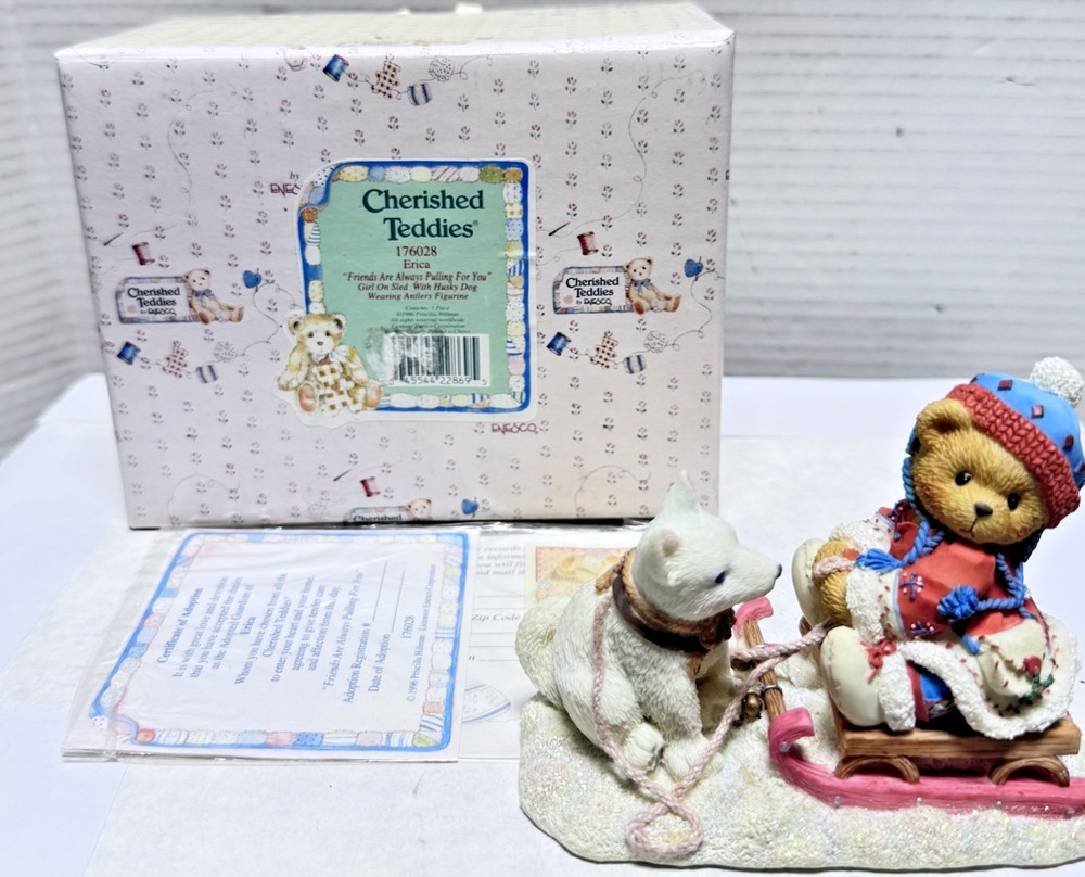 CHERISHED TEDDIES ~176028~ Erica Girl On Sled w/ Husky Dog Wearing Antlers(1996)